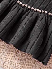 Sparklyn 2pcs/Set Girls Elegant Beaded Knit Ribbed Fuzzy Crew Neck Puff Sleeve Top And Simple Knit Pants Casual Outfit, Autumn/Winter - Black - View 8