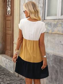 Brillora Vestido de mujer de estilo bohemio con cuello Peter Pan multicapa, manga corta y patchwork