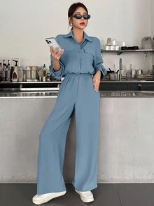 DAZY 秋冬/夏季女款兩件套：藍色寬鬆長袖領口襯衫與鬆緊腰寬腿褲 - 藍色 - 查看 4