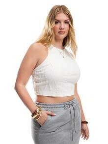 Solavibe Plus SizeSolid Low Back Textured Crop Tank Top - White - View 3