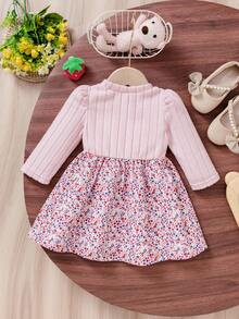 SHEIN Vintaside Kids 女婴休闲碎花长袖罗纹针织连衣裙，秋季 - 粉色 - 查看 2