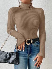 SHEIN Frenchy 高领罗纹针织紧身毛衣 - 卡其色 - 查看 4