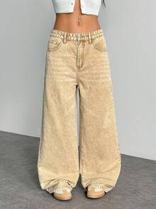 Jeanoix Quần jeans ống rộng lưng thấp giặt thường ngày - Màu Khaki - Xem 6