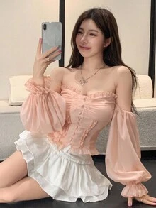 DAZY 女士露肩泡泡袖修身雪纺上衣，适合婚礼、约会、休闲穿着，长袖上衣，嘉年华外出上衣 - 藕粉色 - 查看 1