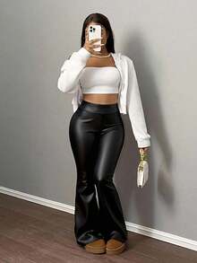 Slaydiva 大码女式音乐节PU皮革休闲百搭高腰裤 - 黑色 - 查看 4