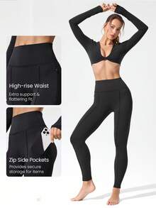 GLOWMODE 26" FeatherFit™-Warm CozyCore Soft Warm Stretchy High-Rise Waist Front Seam Zipper Side Pockets Leggings Low-Impact Yoga Pilates Studio Daily Casual Fall Winter - Black - View 4