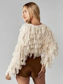 MISSGUIDED Luxury Loop Knit Cropped Sweater Fall Winter Chunky Fringe Boho Oversized Drop Shoulder Long Sleeve Cozy Pullover