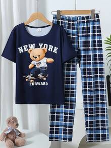 男童海军蓝滑板熊印花短袖上衣和经典格子长裤阻燃睡衣套装 - 彩色 - 查看 3