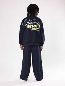 SUMWON Monaco Sport 23 系列运动衫和阔腿运动裤套装秋冬青年时尚套装带金色字母奢华风格两件套休闲装 - 藏蓝色 - 查看 1