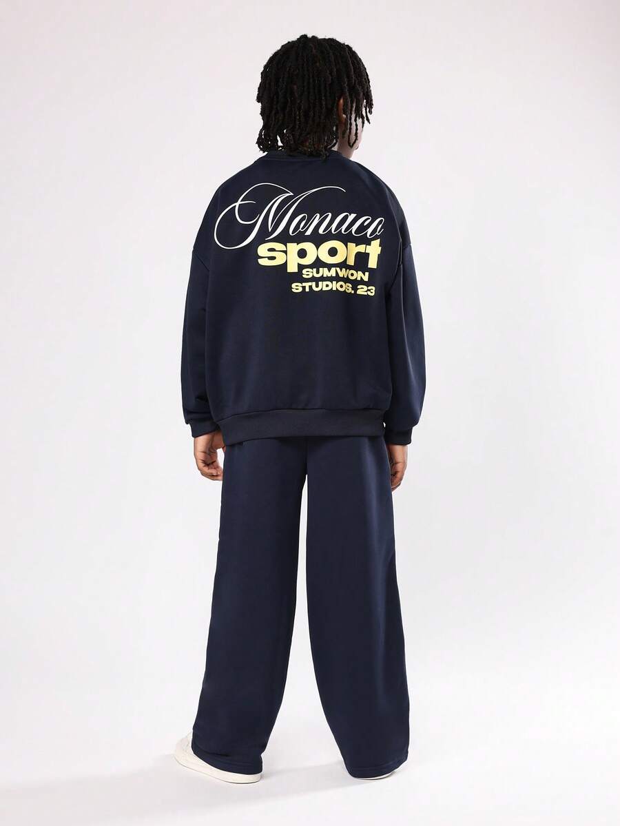 SUMWON Monaco Sport 23 系列运动衫和阔腿运动裤套装秋冬青年时尚套装带金色字母奢华风格两件套休闲装 - 藏蓝色 - 查看 1