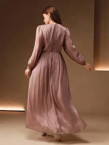 Anewsta 大码女式橄榄绿亮面长连衣裙，圆领腰部褶皱设计，泡泡袖，优雅百搭，适合秋季、冬季、外出、正式场合、派对、时尚、新年、圣诞节、工作、毕业典礼、婚礼、休闲等各种场合。