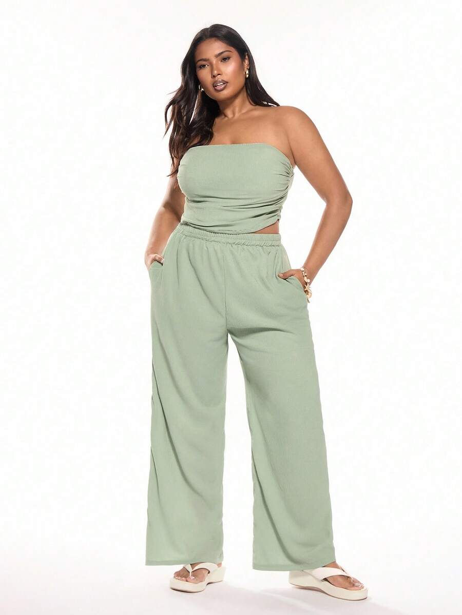Solavibe 2pcs Plus Size Textured Fabric Open Shoulder Top And Pants Set, Spring/Summer - Green - View 1