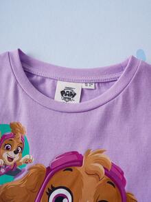 SHEIN | PAW Patrol 少女卡通可爱斯凯图案圆领落肩短袖宽松休闲紫色T恤 - 紫色 - 查看 6