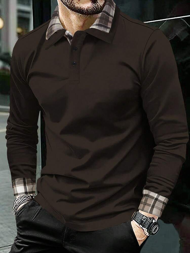Manfinity Homme Áo thun polo kẻ sọc chắp vá thường ngày dành cho nam, mùa thu - Cà phê nâu - Xem 1