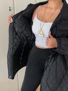 Flirla 秋冬新款韩版时尚宽松设计绗缝菱形图案收腰长袖棉衣女中长款加厚风衣外套 - 黑色 - 查看 8