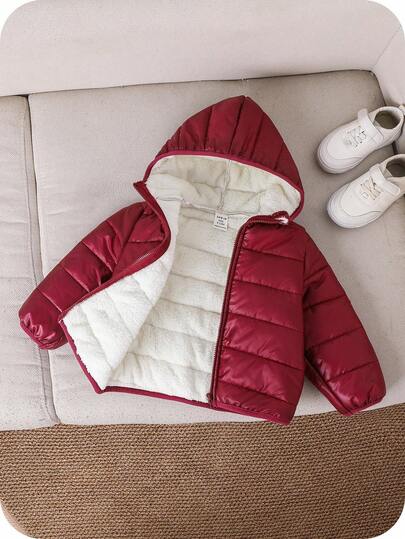 SHEIN Baby Boys Red Thermal Lined Hooded Zip-Up Cotton Padded Jacket, Casual All-Match Versatile Soft Comfortable Outerwear Suitable For Playing In Snow In Winter Fall