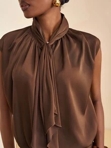 Zivah 2025 Winter New Style Christmas New Year Birthday Party Banquet Preppy Style Student Wear Everyday Street Basic Versatile Casual Cruise Travel Internet Celebrity Hot Style Elegant Commuter Business Casual Gathered Small Stand-Up Collar V-Neck Loose Shirt With Ribbon + Gathered Maxi Skirt Coffee Glitter Satin Satin Autumn/Winter Set Christmas Set New Year Set Women's Two-Piece Set - Rust Brown - View 3