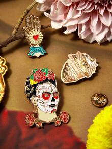 Frida Kahlo X SHEIN Bộ 3 ghim cài áo hợp kim kẽm dập nổi 3D hình đầu lâu và hoa, màu vàng kim, thích hợp làm quà tặng cho áo khoác, áo sơ mi, vest, túi xách, lễ hội Halloween, Ngày của người chết, chủ đề xương và hoa, hoa cúc vạn thọ, đầu lâu đường, nến. - Nhiều màu - Xem 6