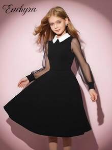 1pc Girls Wednesday Shirt Collar Black Mesh Patchwork Long Sleeve Dress, Mesh Puff Sleeve Dress, Autumn (Dress Only) - Black - View 11