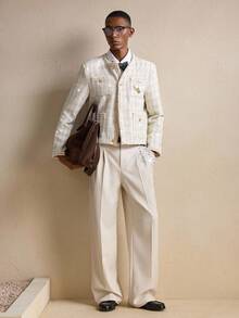 AKNOTIC Business Casual Men's Elegant Commuter Tweed Brooch Decor Long Sleeve Jacket, For Fall, Winter, Christmas, New Year Glamour - Beige - View 3