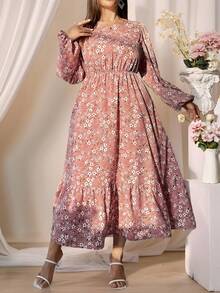 DreamSkyne Plus Size Holiday Casual Ditsy Floral Lantern Sleeve Dress Maxi Women Outfit - Pink - View 7