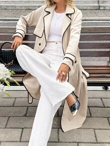 Serisse 女式秋季磨边双排扣翻领长袖系带休闲风衣 - 杏色 - 查看 4