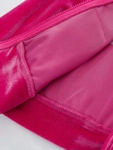 SHEIN 女婴天鹅绒长袖连帽外套和松紧腰裤套装，时尚可爱女婴运动服亲子装套装，宝宝街头风母子装，3岁女婴套装 - 玫紅色 - 查看 6