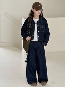 2件套青少年女孩海军蓝牛仔翻领长袖宽松裤套装