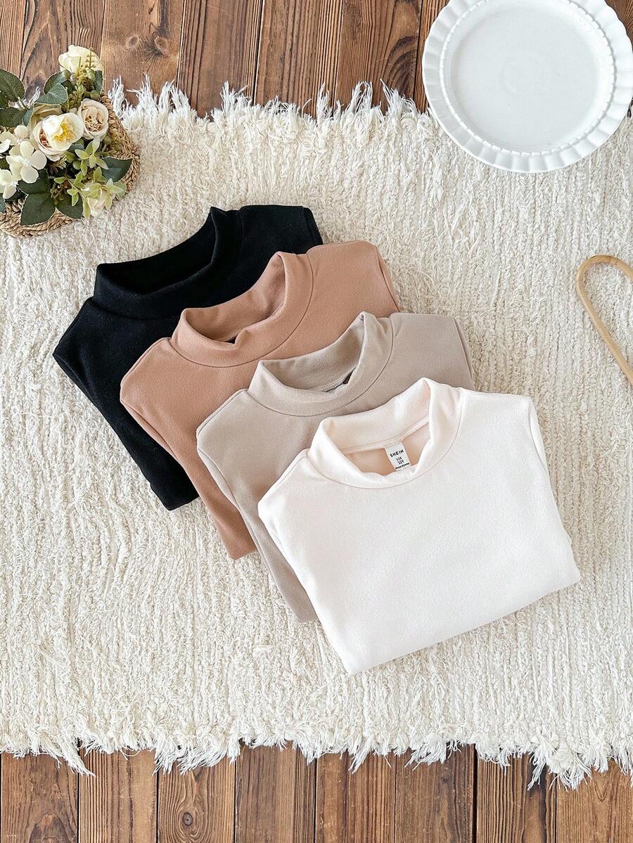 SHEIN Conjunto de 4 piezas de ropa interior térmica para niñas, de unicolor y cuello redondo de manga larga, para otoño/invierno