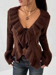 StreetHx 女式纯色拼布荷叶边饰边前系带喇叭袖时尚针织开衫，秋季 - 棕色 - 查看 6