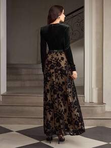 ZEYLAH Elegant Lace Patchwork Velvet Dress, Autumn/Winter - Black - View 3