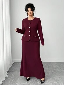 Elenzga Elegancki, dopasowany garnitur dla kobiet w dużych rozmiarach, w jednolitym kolorze, z okrągłym dekoltem i długim rękawem, jednorzędowy top i spódnica z rybim ogonem, jesień