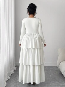 Elenzga Plus Size Women's Minimalist Solid Color Square Neck Long Sleeve Knit Patchwork Cake Hem Unique Dress - White - View 2