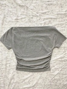 Modelyn 女式休闲褶皱腰露肩花卉印花修身短袖 T 恤，适合夏季 - 淺灰色 - 查看 2