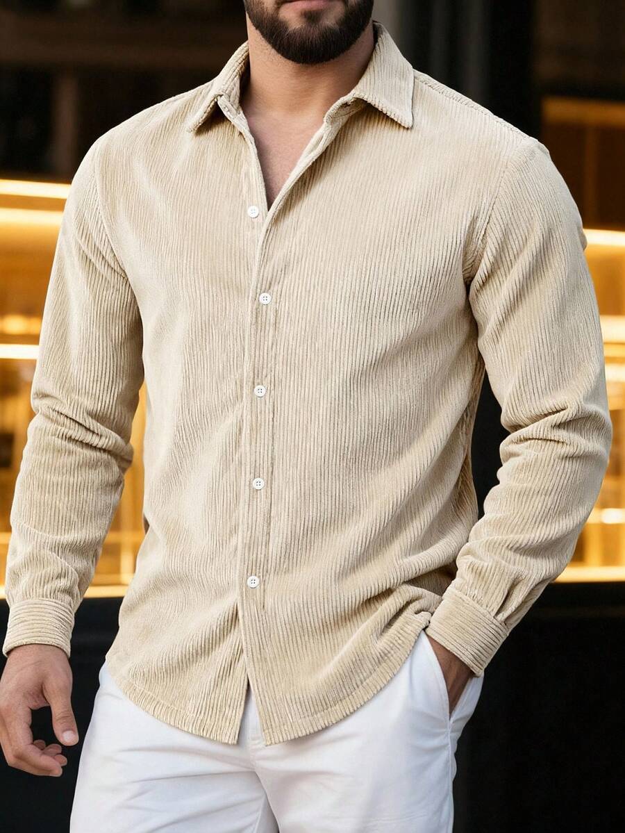 Manfinity Homme 男士纯色单排扣休闲/商务长袖衬衫，适合秋冬 - 米色 - 查看 1