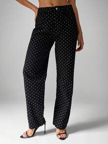 MISSGUIDED Cotton High Rise Polka Dot Wide Leg Jeans For Women Fall Winter Classic Pattern Denim Trousers Vintage Inspired Bottom Wear