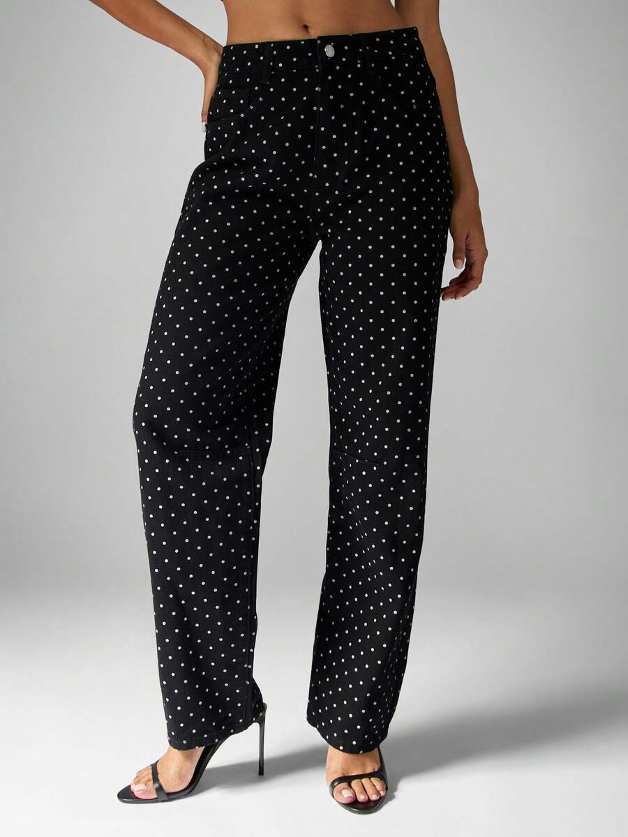 MISSGUIDED Cotton High Rise Polka Dot Wide Leg Jeans For Women Fall Winter Classic Pattern Denim Trousers Vintage Inspired Bottom Wear