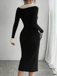 DAZY 女式优雅拼色荷叶边下摆毛衣裙，秋季 - 黑色 - 查看 2