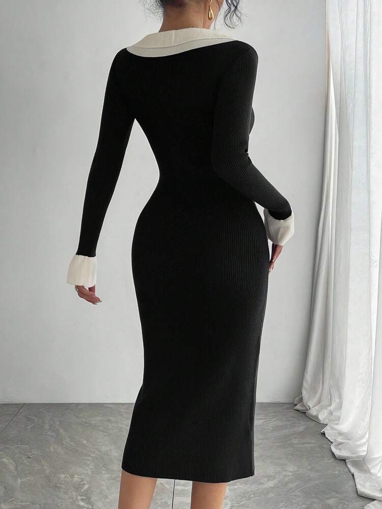 Women's Elegant Colorblock Ruffle Hem Sweater Dress, Autumn