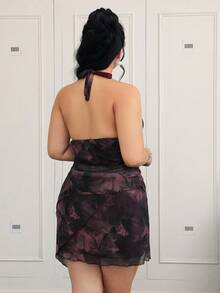 CovetEZ Váy ngắn hở lưng in họa tiết tie-dye hoa cổ điển, gợi cảm, tối giản, không tay, cỡ lớn, thích hợp mặc dự tiệc và đi chơi - Màu tím - Xem 2