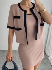 DAZY Women's Elegant Contrast Color Cardigan & Slip Dress 2 Pieces Knit Set, Autumn - Pink - View 6