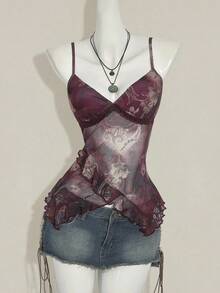 SHEIN ICON 女士度假风腰果印花荷叶边吊带背心，适合7月4日美国独立日，可爱夏季外出上衣，Y2K复古风背心。 - 彩色 - 查看 8