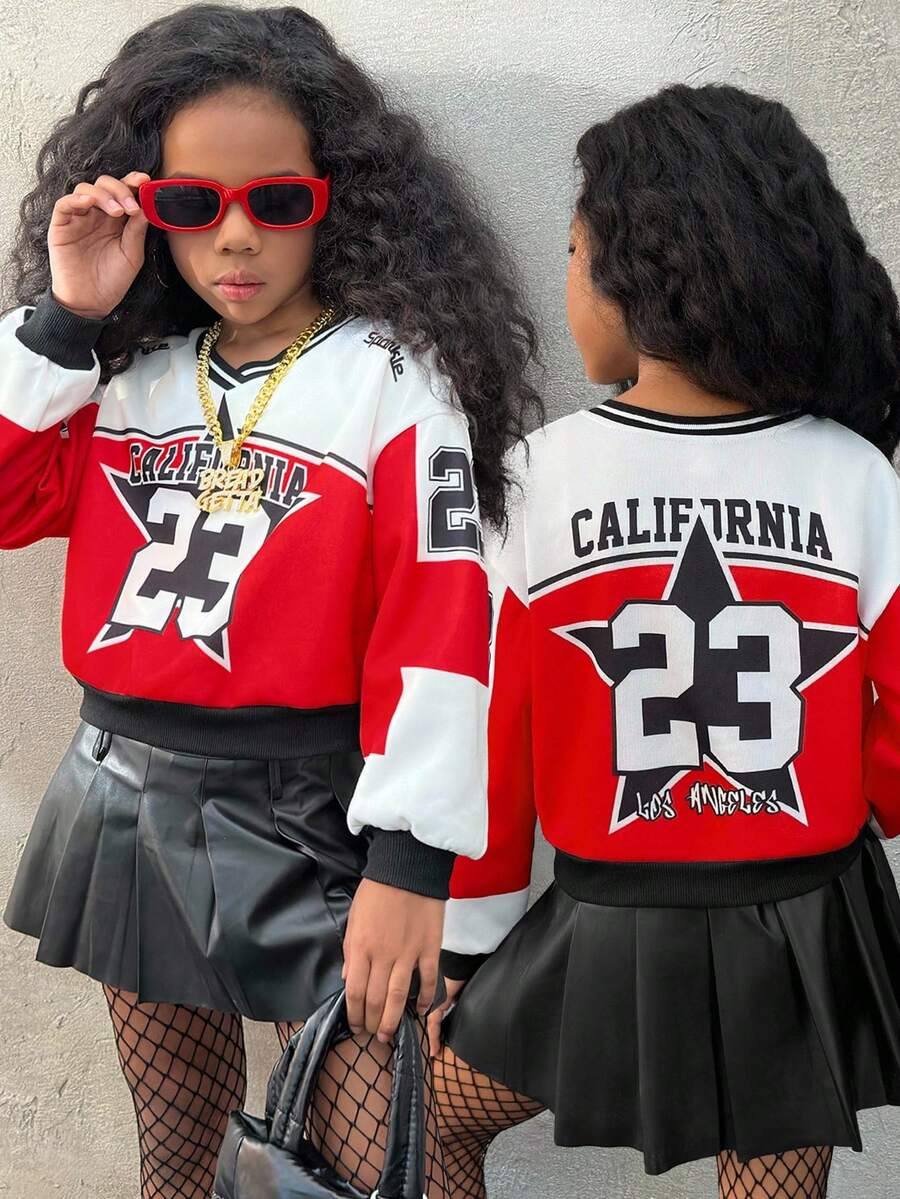 Coolane Kids Tween Girl Autumn Streetwear Graphics Red And White Checkered Black V-Neck Crop Long Sleeve Sweatshirt, School Girl, Comfortable, With Fleece, School - Burgundy - View 1