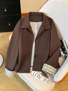 GlowEve Lace Splice Stand Collar Casual Short Women Trench Coat - Coffee Brown - View 1