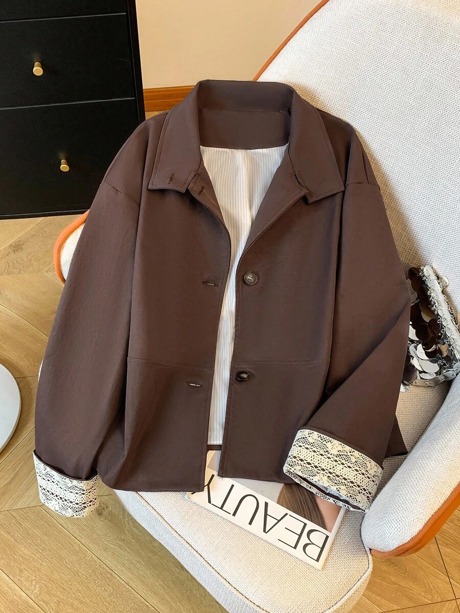 GlowEve Lace Splice Stand Collar Casual Short Women Trench Coat - Coffee Brown - View 1