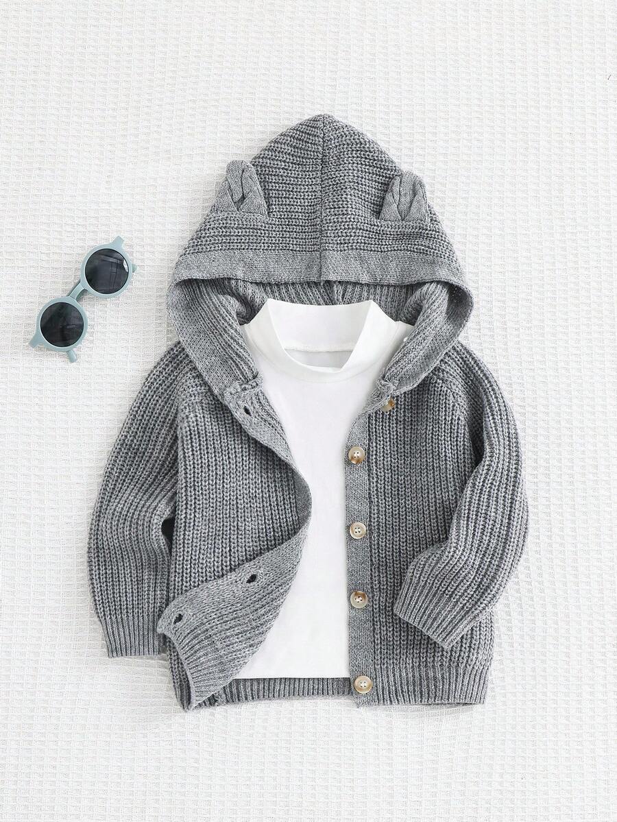 Cozy Pixies 新生男婴休闲百搭3D耳朵连帽长袖开衫毛衣 - 灰色 - 查看 1