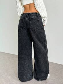 SHEIN ICON 女士口袋宽松阔腿休闲百搭牛仔裤 - 深灰色 - 查看 2