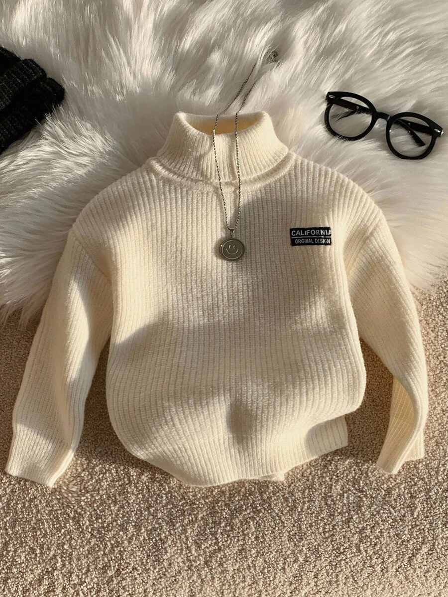 SHEIN 幼儿/婴儿男孩/女孩纯色高领毛衣,舒适时尚休闲基本款针织上衣,适合室内、户外、日常穿着、运动、玩耍、派对、拍照、度假、秋冬 - 白色 - 查看 1