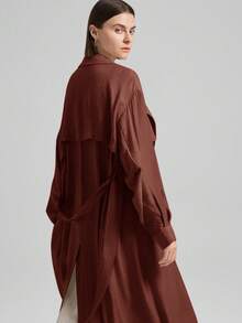 Ontre 女士纯色双排扣风衣，商务休闲宽松舒适中性风，适合机场、工作、外出，优雅的秋冬外套 - 玫瑰紅 - 查看 7