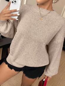 Elenzga 大码女式休闲宽松圆领长袖落肩套头毛衣，秋冬 - 卡其色 - 查看 5